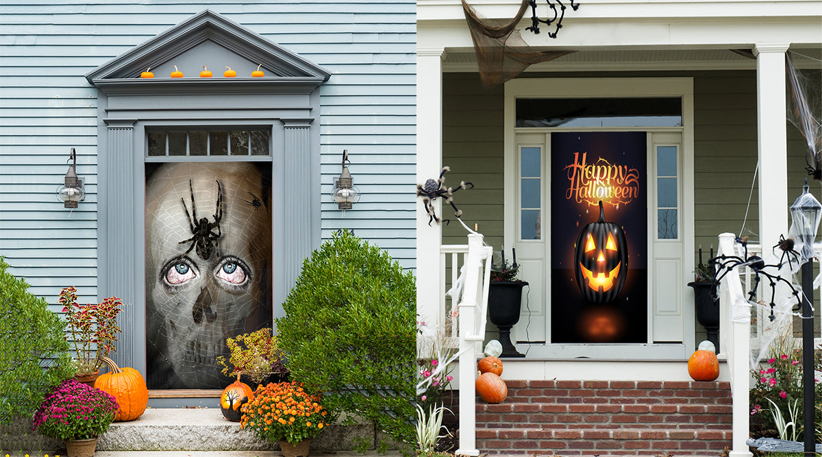 Halloween DoorFotos hanging on Halloween themed house