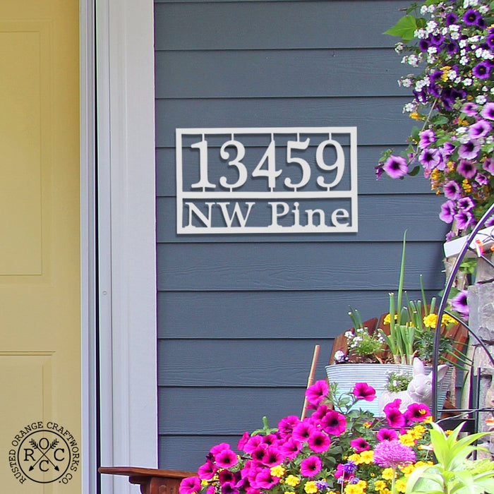 Rusted Orange Craftworks Co. Address Signs 12" wide x 7.5" tall / White Powder Coat Home Address Plaque - 3 Sizes - Personalized Metal Street Name and House Numbers Sign