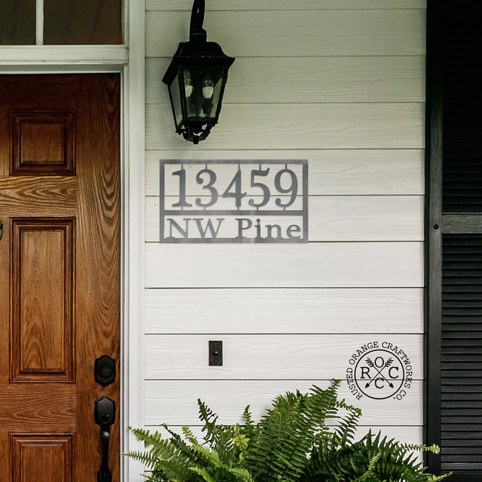 Rusted Orange Craftworks Co. Address Signs 12" wide x 7.5" tall / Silver Powder Coat Home Address Plaque - 3 Sizes - Personalized Metal Street Name and House Numbers Sign