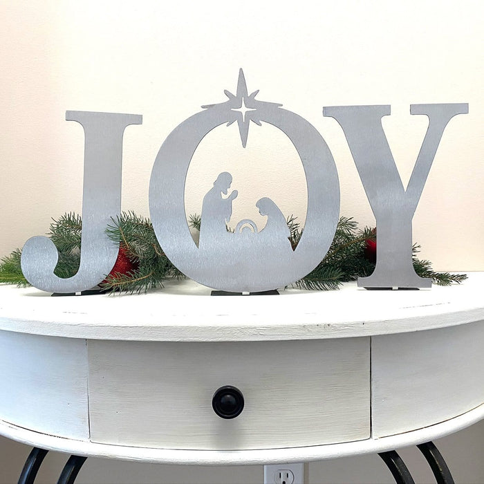 Rusted Orange Craftworks Co. Nativity Sets 16 inch / Raw Steel (can rust) Joy Nativity - 4 Sizes - Metal Stand Up Joy Sign with Christmas Manger Scene