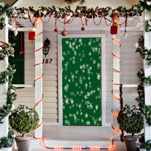 DoorFoto Door Cover Snowflakes on Green Background