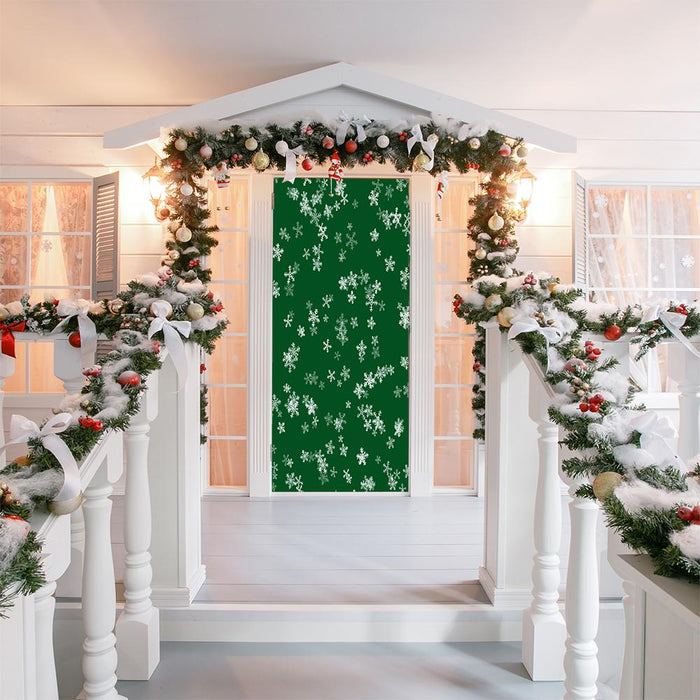 DoorFoto Door Cover Snowflakes on Green Background