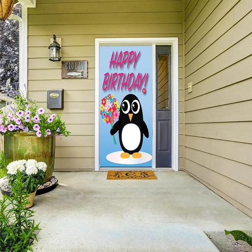 DoorFoto Door Cover Happy Birthday Penguin with Balloons