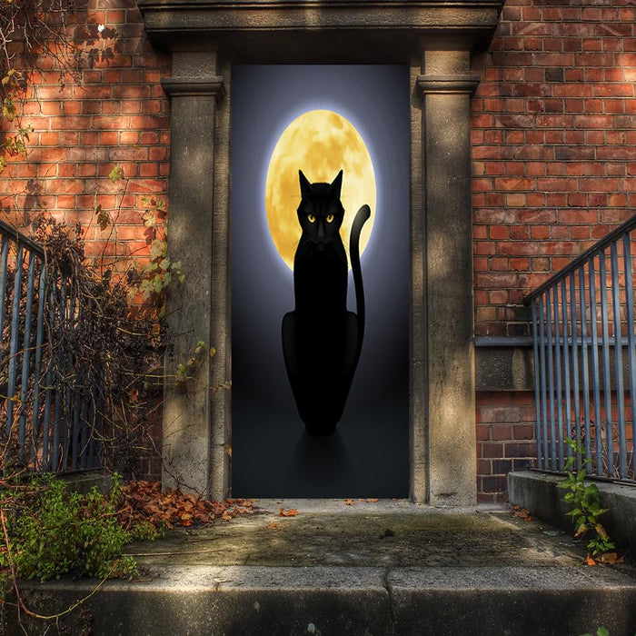 DoorFoto Door Cover Black Cat with Full Moon