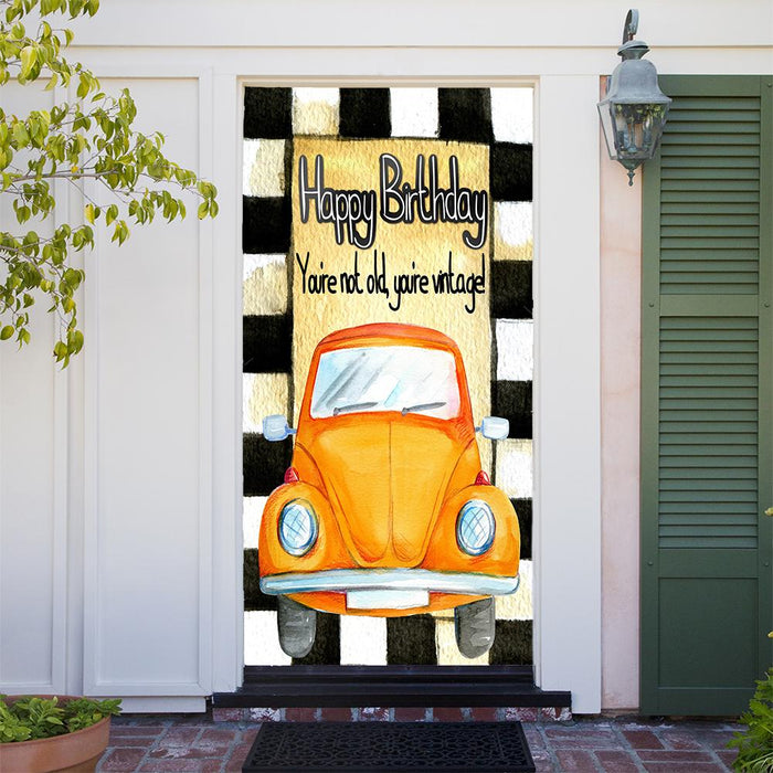 DoorFoto Door Cover Happy Birthday Vintage Car